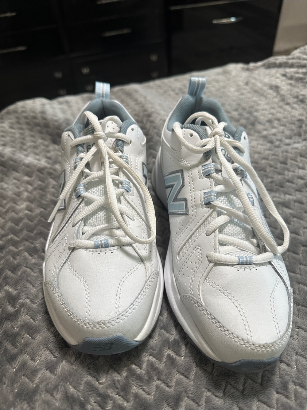 New Balance Kids White and Light Blue Sneakers